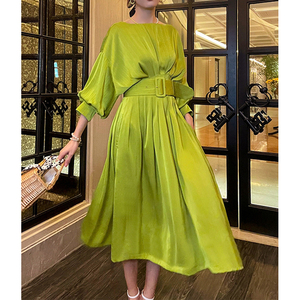 Diseño personalizado <span class=keywords><strong>verde</strong></span> elegante <span class=keywords><strong>linterna</strong></span> manga encaje plisado Midi vestidos para las mujeres - Product Image 5