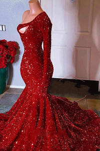 Ocstrade Robe Scintillante à Longue Traîne pour Femme, Fête, Mariage, Soirée, Épaule Dénudée, Paillettes Rouges, Manches Longues, Robe de Bal 2025 pour Femme - Product Image 3