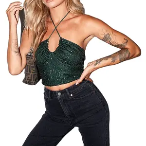 Custom Ladies Sequin Clothing Summer Sexy Gold Glitter Tunic Blouse Black Short Sleeve Sequin Crop Top