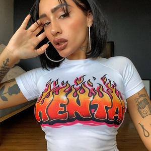 King Mcgreen Star verano estampado manga corta cuello redondo Crop Tops <span class=keywords><strong>mujer</strong></span> <span class=keywords><strong>ropa</strong></span> <span class=keywords><strong>90s</strong></span> <span class=keywords><strong>Vintage</strong></span> dulce Slim Streetwear ombligo camiseta - Product Image 1