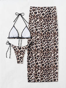 Stock Dieren Print Cheetah 3 Stuks Badmode Vrouwen Driehoekige Top Bikini Set Lange Rok Cover Ups XS-L - Product Image 4