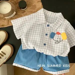 2023 Zomer Kinderkleding Korte Mouw Geruit Olifant Print Shirt Short Tweedelige Koreaanse Baby Outfits Baby Boy Kleding Set