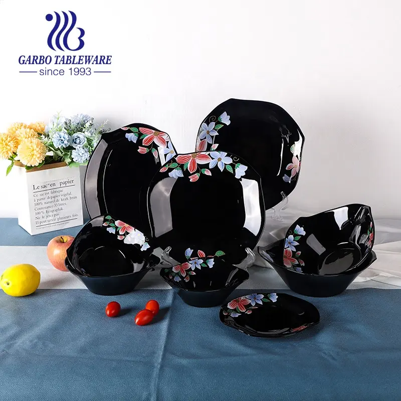 Usage domestique OEM client imprimé fleur décoration Stock verre opale dîner ensemble plat assiette bol noir opale verrerie vaisselle