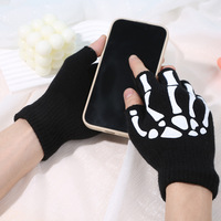 Mitaines en tricot jacquard à motif squelette d'Halloween, mi-doigts, chaudes, pour fête, vente en gros à prix abordable