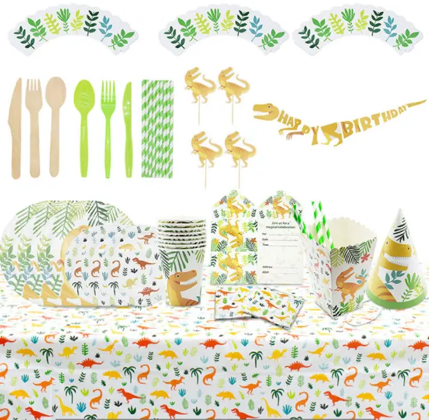 恐竜のテーマ赤ちゃんの誕生日パーティーテーブルの装飾紙皿カップナプキンバナーおもちゃカトラリー使い捨て食器食器セット