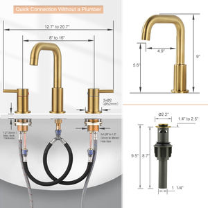 拉丝黄铜金浴室水龙头，带排水管和cUPC供应线，<span class=keywords><strong>2</strong></span>手柄3孔8英寸广泛的梳妆台水槽水龙头 - Product Image 6