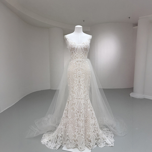 Nt138 Elegant Lace Mermaid Wedding Dress Sleeveless Illusion Bridal Gown With Detachable Tulle Overskirt and Train Jancember - Product Image 2