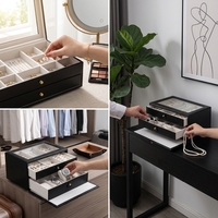 Caja Organizadora de Joyería Negra al por Mayor con Tapa de Cristal y Doble Cajón para Almacenamiento y Exhibición de Joyería