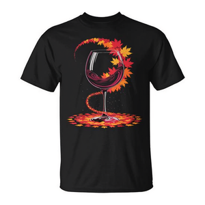 T-shirt unisexe pour adultes à col rond et manches courtes avec impression numérique promotionnelle sur le thème des feuilles d'automne et des verres à vin, pour les amateurs de saison d'automne - Product Image 2