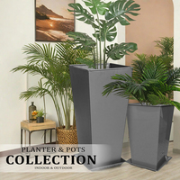 Jardinière carrée en métal gris, grande, galvanisée, haute, conique, pots à fleurs avec soucoupe, trou de drainage pour l'intérieur, l'extérieur, la maison, le jardin, le bureau