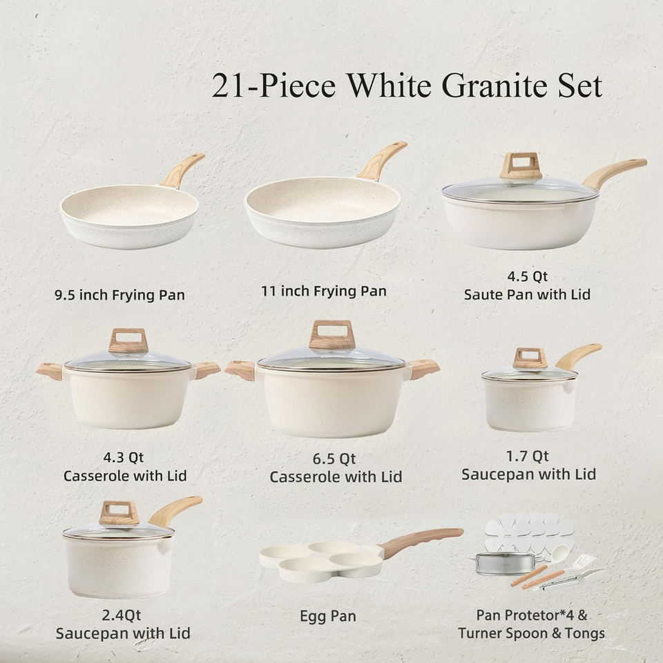 21 Piece White Granite Nonstick Cookware Set Aluminum Pots and Pans ...
