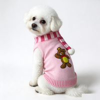 Pull en tricot rose mignon pour chien avec applique ours, vêtements d'hiver pour animaux de compagnie, manteau rayé avec pompon pour chiot