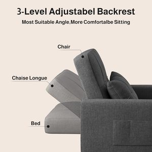 Sofá Cama Convertible 3 en 1, Silla Extraíble de Lino, <span class=keywords><strong>Gris</strong></span> Oscuro |   Sillón <span class=keywords><strong>Reclinable</strong></span> con Respaldo Ajustable; Moderno, de Tela de Lino, Madera y Metal - Product Image 6