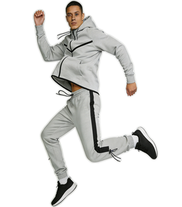 Conjunto de Sudadera con Capucha y Pantalones Deportivos de Dos Piezas para Hombre, con Rayas Grises, de Forro Polar, Transpirable, Ajustado, para Invierno, Estilo Formal - Product Image 1