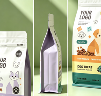 Sachets refermables imprimés sur mesure à huit soudures latérales, résistants à l'humidité, pour l'emballage d'aliments secs pour chiens, chats, animaux de compagnie, céréales, noix et snacks.