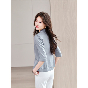 Women's Satin Blazer Solid Color Three Quarter Sleeve Slim Fit Spring Autumn Style With Pocket - Product Image 4