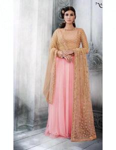 Traje Anarkali de malla bordada rosa - Product Image 1