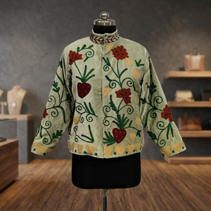เสื้อแจ็คเก็ตกำมะหยี่ลายดอกไม้สไตล์วินเทจ งานปักลายดอกไม้สีแดงเข้ม งานฝีมือประณีต - Product Image 1