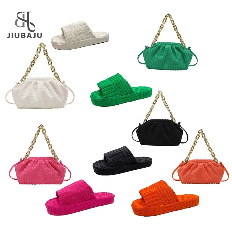 Women Hand Purse And Handbag Thick Chain Purse Matching Shoe Sets Flat Sandals Bag Handbags For Women Towel Slides Slippers