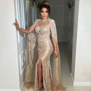 Nude Mermaid Elegant High Collar Cape Sleeves Luxury Beaded Evening Dresses Gowns For Women Party with High Leg Slit Split