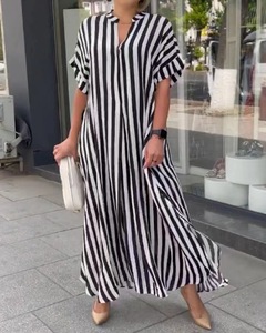 Nuevo Vestido <span class=keywords><strong>de</strong></span> Verano a Rayas con Cuello en V y Manga Corta para <span class=keywords><strong>Mujer</strong></span>, Vestido Largo Informal y Holgado para Vacaciones - Product Image 2