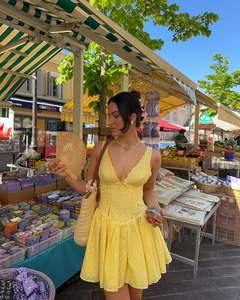 Vestido de Playa Chic, Vestido Corto con Cuello en V de Encaje, Vestido Mini Sexy sin Espalda, Bordado Calado <span class=keywords><strong>Amarillo</strong></span> - Product Image 6