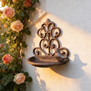 <strong>Wall</strong> <strong>Mounted</strong> Cast Iron <strong>Bird</strong> <strong>Feeder</strong> with <strong>Bird</strong> Design Decorative Metal Hanging <strong>Bird</strong> Food Dispenser for Garden <strong>Wall</strong> Decor - Product Image 4