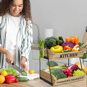 Panier de rangement pour fruits en bois de fer, double couche, pour l'organisation des aliments dans la cuisine, forme rectangulaire, design gain de place - Product Image 3
