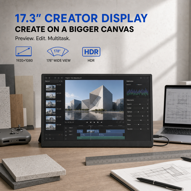 17.3 Inch Portable Photography Monitor Full HD IPS Large Screen for Camera Preview and Studio Work Gaming Monitor