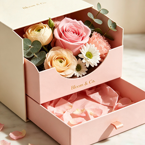 Double Drawer <b>Flower</b> Gift <b>Box</b> With Pink Roses And Eucalyptus High-End Paperboard Packaging <b>flower</b> packing <b>box</b> - Product Image 2