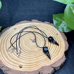 Kenny Crystals Wholesale Natural Crystal Stone Carving Craft Black Obsidian Raven Crow Skull Pendant On Cord Necklace