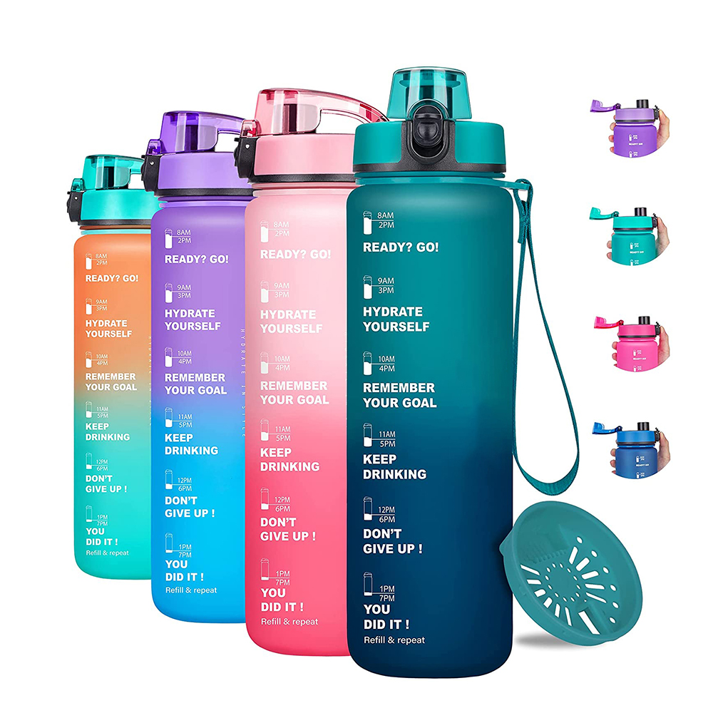 BPA Free Tritan Plastic 32oz Motivational Fitness Sports Water Bottle With Time Marker Leakproof Flip Top