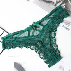 Tanga sexy de encaje hueco con lazo, transparente, con tiras cruzadas, de malla, tentadora - Product Image 6