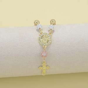 Rosario Católico de Plata, Oro Rosa de <span class=keywords><strong>14K</strong></span> y 3 Tonos con Circonitas Cúbicas, Borla, Jesús, Virgen María, Cristianismo, Cruz - Product Image 4