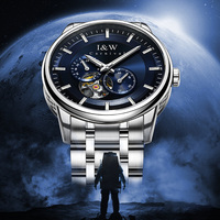 Montre automatique I&W en promotion avec double cadran secondaire, cadran bleu squelette, bracelet en acier inoxydable, montre mécanique de style professionnel