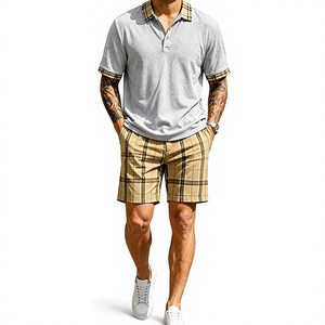 Ensemble décontracté <span class=keywords><strong>chic</strong></span> deux pièces <span class=keywords><strong>pour</strong></span> <span class=keywords><strong>homme</strong></span>, nouveau polo et short à carreaux, style transfrontalier Europe-Amérique, 100 % fibre de bambou - Product Image 1