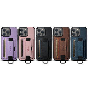 Funda de teléfono con correa de muñeca de cuero para <span class=keywords><strong>iPhone</strong></span> 15Pro Max 14 Plus 13 12 Pro <span class=keywords><strong>11</strong></span> X XS XR funda con soporte para ranura para tarjeta - Product Image 1