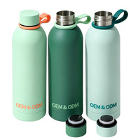 Bouteille d'eau sport en acier inoxydable 304 de 500 ml avec sangle, revêtement en caoutchouc, poignée en silicone, isolation sous vide à double paroi
