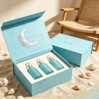 Boîte rigide magnétique Halo Moon avec laminage mat, estampage à chaud étoile et croissant dorés, doublure en éponge et insert EVA triple bouteille pour articles de luxe