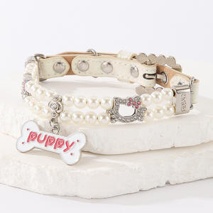 ปลอกคอสัตว์เลี้ยงหนัง PU ประดับลูกปัดรูปกระดูกขนาดใหญ่ พร้อมจี้หัวแมวประดับมุกเทียมและคริสตัล สำหรับลูกสุนัขและสัตว์เลี้ยงอื่นๆ - Product Image 5