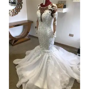 Thiết Kế Mới Nhất Mermaid Wedding Dresses Pha Lê Beading Ren Bridal Gowns Dài Tay Áo Cô Dâu Ăn Mặc