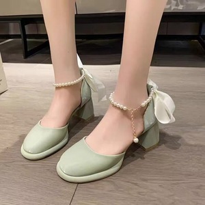 รองเท้าส้นสูงทรงกลมสีเขียวมิ้นท์สุดหรู พร้อมสายรัดข้อเท้าประดับมุก และสายรัดหลังประดับโบว์ ส้นกลาง สำหรับผู้หญิง ฤดูใบไม้ผลิ จัดส่งแบบดรอปชิปปิ้ง - Product Image 1