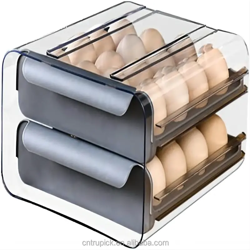 Freshness Keeper Gray 2 Drawers Plastic 32 Grid Egg Holder for Refrigerator Fridge Egg Tray Containers Organizer