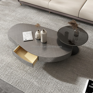 Italian Design Nesting Coffee <b>Table</b> Set <b>Walnut</b> Wood Top Oval Center <b>Table</b> Black Tempered Glass End <b>Table</b> Metal Base Home Hotel - Product Image 1