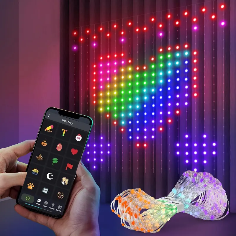Smart Curtain String Light App DIY Picture Text Led Display Smart LED RGB String Light RGB LED Bluetooth Control Curtain Lights