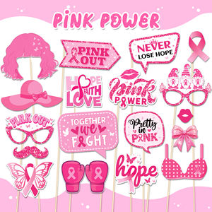 Huancai 25 pièces accessoires de cabine Photo ruban rose avec bâtons Kit d'accessoires de Selfie de fête pour les femmes fournitures de fête de sensibilisation au Cancer du sein - Product Image 2