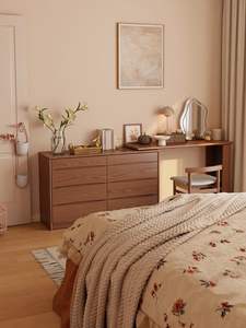 طاولة تسريح بتصميم إسكندنافي مع أدراج وخزانة تخزين مدمجة، طاولة مكياج بسيطة لغرفة النوم، خزانة تخزين بجانب السرير، مكتب زاوية من الخشب الصلب - Product Image 1