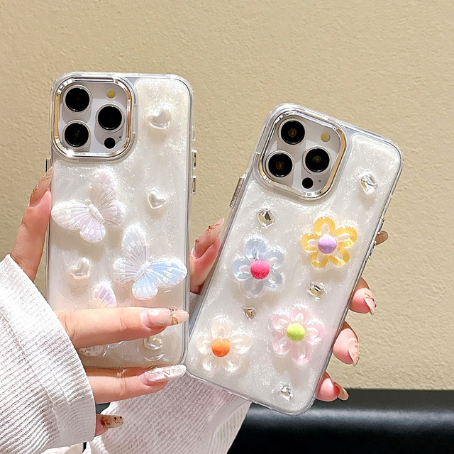Luxury Drip 3D Butterfly Colorful Flowers Phone Case for iPhone 16 15 13 12 Pro Max Love Heart Pearl Square Big Rhinestone Cover