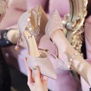 Zapatos de tacón alto de aguja con punta, destalonados, con correa de cadena y tela brillante para <span class=keywords><strong>mujer</strong></span>, ideales para fiestas y bodas, personalizables al por mayor. - Product Image 1