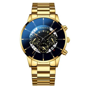 새로운 GENEVA 시계 남성 스틸 밴드 비즈니스 시계 패션 달력 석영 벨트 시계 남성 저렴한 도매